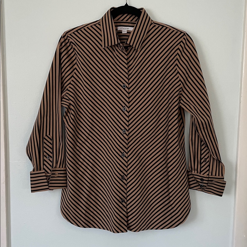 Chico's Black and Tan Diagonal Striped Button-Down Shirt Size 0